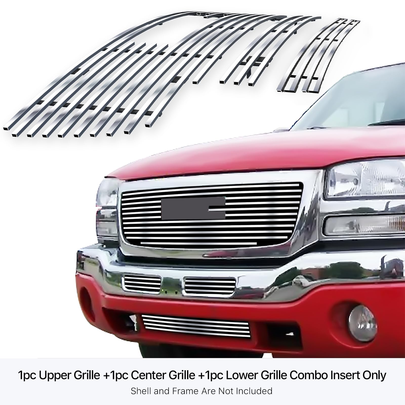 APS Premium 304 Stainless Steel Chrome Horizontal Billet Grille Grill Insert Combo Compatible with GMC Sierra 1500 2500 3500 03 04 05 06 & 07 Classic Logo Show Main Upper Top Lower Bumper N19-C62976G - Image 3